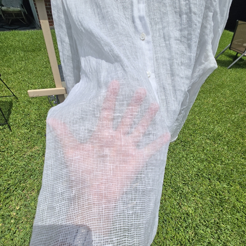 White Sheer Button Down Open Weave Button Sleeve … - image 4